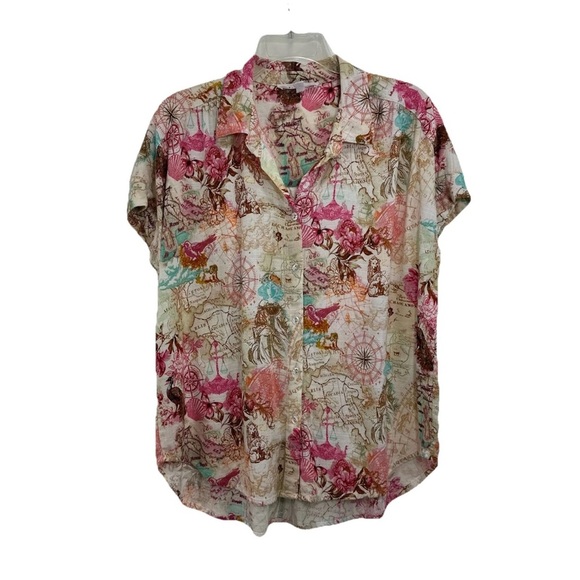 NWOT Jane Delancey Colorful Map Print Button-Up Shirt - Picture 1 of 6